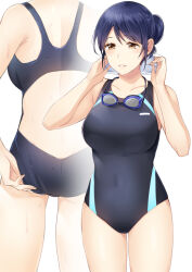 Rule 34 | 1girl, adjusting clothes, adjusting swimsuit, ass, blue hair, blue one-piece swimsuit, brown eyes, commentary request, competition swimsuit, covered navel, from behind, goggles, goggles around neck, unworn goggles, highres, mole, mole on thigh, mono lith, one-piece swimsuit, original, parted lips, swim cap, unworn swim cap, swimsuit, thighs, wet, white background