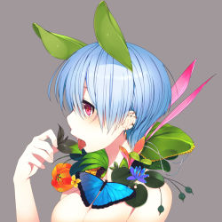 Rule 34 | 1girl, bad id, bad pixiv id, bare shoulders, blue hair, blush, breasts, bug, butterfly, dancho (dancyo), flower, grey background, holding, insect, leaf, original, pink eyes, short hair, simple background, skull.03, solo, tongue, upper body