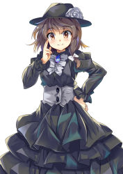 Rule 34 | 1girl, alternate costume, black dress, black hat, blush, bow, brooch, brown eyes, brown hair, buttons, closed mouth, collared dress, corset, cowboy shot, dress, e.o., fedora, flower, frilled dress, frilled sleeves, frills, gem, hair bow, hair ribbon, hand on own hip, hat, hat flower, highres, jewelry, juliet sleeves, layered dress, long sleeves, looking at viewer, puffy sleeves, ribbon, simple background, smile, solo, standing, tareme, touhou, tress ribbon, usami renko, white background, white bow, white flower