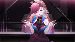 Rule 34 | 1girl, :d, bare arms, bare shoulders, blush, cleavage, dress, earrings, feather earrings, feathers, frilled dress, frills, hair ornament, halter dress, halterneck, highres, hololive, hololive english, instrument, jewelry, long hair, looking at viewer, open mouth, piano, pink hair, purple eyes, red dress, see-through, see-through cleavage, sheet music, sleeveless, sleeveless dress, smile, solo, takanashi kiara, upper body, virtual youtuber, yaguo