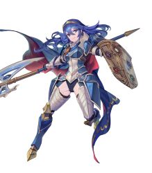 Rule 34 | 1girl, armor, attack, axe, battle axe, black leotard, blue cape, blue eyes, blue hair, cape, family crest, female focus, fire emblem, fire emblem (object), fire emblem awakening, fire emblem heroes, full body, great knight (fire emblem awakening), highres, holding, holding axe, holding shield, holding weapon, leotard, long hair, lucina (fate&#039;s resolve) (fire emblem), lucina (fire emblem), matching hair/eyes, nintendo, no pants, non-web source, official alternate costume, official art, red cape, shield, solo, tiara, v-shaped eyebrows, weapon