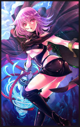 Rule 34 | 1girl, absurdres, aosuna, black cape, black skirt, black thighhighs, breasts, cape, cloud, floating hair, highres, holding, holding shield, holding weapon, long hair, looking at viewer, medium breasts, miniskirt, miyanaga teru, pencil skirt, pink hair, red eyes, saki (manga), shield, shiny clothes, skirt, solo, sunlight, thighhighs, underboob, weapon