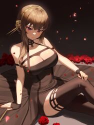 Rule 34 | 1girl, absurdres, bare shoulders, black choker, black dress, black gloves, black hair, breasts, choker, cleavage, closed mouth, collarbone, dagger, dress, falling petals, fingerless gloves, flower, gloves, gold hairband, hair flower, hair ornament, hairband, hand on own knee, highres, knee up, knife, large breasts, light particles, long hair, looking at viewer, mashilemo, off-shoulder dress, off shoulder, petals, red eyes, red flower, red rose, rose, rose petals, shadow, short hair with long locks, sidelocks, sitting, solo, spikes, spy x family, stiletto (weapon), thighs, weapon, yor briar