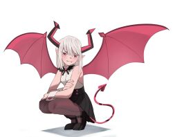 Rule 34 | 1girl, bare shoulders, bat bowtie, bat wings, black footwear, black skirt, bow, bowtie, breasts, closed mouth, colored eyelashes, demon girl, demon horns, demon tail, fangs, fangs out, full body, hair between eyes, horns, jourd4n, looking at viewer, medium breasts, medium hair, original, pantyhose, pointy ears, rayzel (jourd4n), red eyes, shirt, simple background, skirt, sleeveless, sleeveless shirt, slit pupils, smile, solo, squatting, tail, white background, white hair, wings, wrist cuffs