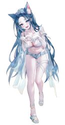 Rule 34 | 1girl, animal ear fluff, animal ears, anklet, bare legs, bare shoulders, bent over, blue eyes, blue hair, blue ribbon, blush, bra, breasts, cat ears, cat girl, cleavage, collarbone, detached sleeves, head tilt, highres, jewelry, large breasts, legs, light blue shorts, long hair, looking at viewer, muaooooo, navel, open mouth, original, pale skin, parted bangs, ribbon, sandals, see-through, see-through sleeves, sharp teeth, shoes, short shorts, shorts, sidelocks, simple background, smile, solo, standing, standing on one leg, stomach, strap, teeth, thigh strap, thighs, toeless footwear, toes, underwear, very long hair, white background, white footwear