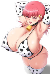 Rule 34 | 1girl, 2000mitrasi, absurdres, animal print, armpits, arms behind head, arms up, bikini, blush, border, breasts, choker, cleavage, covered erect nipples, cow print, cowboy shot, creatures (company), curvy, elbow gloves, game freak, gloves, gym leader, hair ornament, hairclip, highres, huge breasts, long hair, looking at viewer, low twintails, medium hair, nintendo, open mouth, pink eyes, pink hair, plump, pokemon, pokemon hgss, print bikini, print thighhighs, smile, solo, spaghetti strap, standing, sweat, swimsuit, thick thighs, thighhighs, thighs, twintails, whitney (pokemon), wide hips