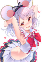 Rule 34 | 1girl, adapted costume, animal ears, armpits, arms up, bare arms, bare shoulders, bent over, black bow, blush, bow, bowtie, brooch, brown eyes, butt crack, crop top, crop top overhang, embarrassed, granblue fantasy, groin, hair bow, hairband, heart, heart brooch, highres, jewelry, looking at viewer, midriff, miniskirt, mouse ears, nose blush, open mouth, pleated skirt, sailor collar, shirt, short hair, simple background, skirt, sleeveless, sleeveless shirt, solo, sweat, tomo (tmtm mf mf), vikala (granblue fantasy), white background, white hair, white shirt, white skirt