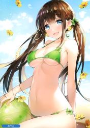 Rule 34 | 1girl, :d, absurdres, ayamy, ball, bare arms, bare shoulders, beachball, bikini, blue eyes, blue sky, blush, bow, breasts, brown hair, cleavage, cloud, collarbone, day, earrings, fang, flower, food, fruit, green bikini, green bow, hair bow, hair ornament, halterneck, halterneck, highres, jewelry, large breasts, long hair, looking at viewer, medium breasts, melonbooks, navel, ocean, open mouth, outdoors, scan, side-tie bikini bottom, sidelocks, sitting, skin fang, sky, smile, solo, standing, stomach, swimsuit, twintails, water, watermelon, x hair ornament, yellow flower