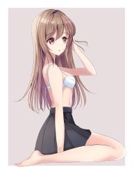 Rule 34 | 1girl, absurdres, arm up, bare arms, bare shoulders, barefoot, black skirt, blush, bra, breasts, brown background, brown hair, commentary request, from side, full body, hair between eyes, highres, long hair, looking away, medium breasts, original, parted lips, pleated skirt, red eyes, sin (sin52y), sitting, skirt, solo, two-tone background, underwear, very long hair, wariza, white background, white bra