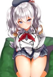 Rule 34 | 10s, 1girl, agarwood, arm support, beret, black socks, blue eyes, blush, breasts, buttons, epaulettes, frilled sleeves, frills, from above, gloves, hat, kantai collection, kashima (kancolle), kerchief, kneehighs, large breasts, legs together, looking at viewer, looking up, military, military uniform, miniskirt, no shoes, pleated skirt, sa7, seiza, shiny skin, silver hair, sitting, skirt, smile, socks, solo, thighs, tsurime, twintails, uniform, wavy hair, white gloves