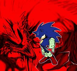 Rule 34 | 1boy, black eyes, blood, claws, exe (revie), faker (revie), gambino (artist), gloves, looking at viewer, monster, red background, serious, sharp teeth, sonic.exe, sonic (series), sonic the hedgehog, teeth, white gloves