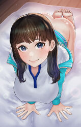 Rule 34 | 1girl, absurdres, ass, barefoot, black hair, blue eyes, blush, bottomless, breasts, covered erect nipples, feet, from above, highres, indoors, isonokami tao, jacket, jacket partially removed, kneeling, large breasts, legs, long hair, looking at viewer, looking up, no shoes, no socks, shin megami tensei, shin megami tensei v, smile, soles, solo, toes