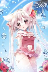 Rule 34 | 1girl, animal ears, blush, breasts, chestnut mouth, choker, cleavage, clothing cutout, day, flower, food print, hair flower, hair ornament, heart cutout, hibiscus, highres, long hair, looking at viewer, moco ofuton, navel, navel cutout, off-shoulder one-piece swimsuit, off shoulder, one-piece swimsuit, open mouth, original, outdoors, pendant choker, pink eyes, sky, small breasts, strawberry print, swimsuit, tail, twintails, very long hair, water drop, white hair, wolf ears, wolf girl, wolf tail