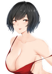 Rule 34 | 1girl, :p, absurdres, backless dress, backless outfit, bare shoulders, black hair, blush, breasts, cleavage, collarbone, deroo, dress, highres, large breasts, looking at viewer, no bra, original, red dress, red eyes, short hair, sideboob, simple background, solo, spaghetti strap, strap gap, strap slip, swept bangs, tongue, tongue out, upper body, white background