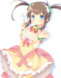Rule 34 | 10s, 1girl, bad id, bad pixiv id, bell, between breasts, blue eyes, breasts, brown hair, cake, cleavage, cream, dress, fang, food, fork, highres, jingle bell, koushuu aki, large breasts, minori (senran kagura), orange thighhighs, senran kagura, senran kagura shinovi versus, solo, striped clothes, striped thighhighs, thighhighs, two side up