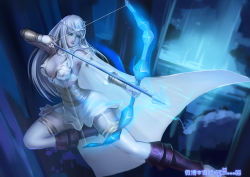 Rule 34 | 1girl, absurdres, alternate costume, arrow (projectile), ashe (league of legends), blonde hair, blue eyes, boots, bow (weapon), bracelet, breasts, cape, cleavage, colored eyelashes, destincelly, detached sleeves, drawing bow, dress, female focus, freljord ashe, garter straps, highres, holding, holding bow (weapon), holding weapon, hood, hood down, jewelry, large breasts, league of legends, long hair, ring, short dress, solo, thighhighs, tiara, weapon, white dress