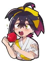 Rule 34 | 1boy, ahoge, artist request, black hair, blush, candy, candy apple, child, clenched hands, colored inner hair, creatures (company), crossed bangs, eating, eyebrows hidden by hair, food, game freak, hair between eyes, hair ornament, hairband, hands up, holding, holding candy, holding food, japanese clothes, jinbei (clothes), kieran (pokemon), looking at food, male focus, medium hair, mole, mole on neck, multicolored hair, neck, nintendo, official alternate costume, open mouth, pokemon, pokemon sv, purple hair, short sleeves, shy, sidelocks, simple background, sparkle, standing, traditional clothes, two-tone hair, upper body, white background, wide sleeves, yellow eyes, yellow hairband