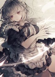 Rule 34 | 1girl, apron, between fingers, blue dress, bow, braid, clock, commentary, cowboy shot, dress, english commentary, frilled skirt, frills, grey hair, hair bow, hand up, highres, holding, holding knife, izayoi sakuya, knife, long hair, looking to the side, maid, maid headdress, namakuby, red eyes, short sleeves, skirt, solo, touhou, twin braids