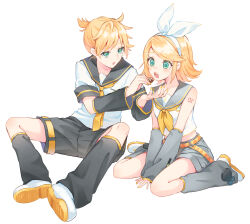 Rule 34 | 1boy, 1girl, ahoge, bare shoulders, bass clef, belt, between legs, black sailor collar, black shorts, black sleeves, blonde hair, bow, brother and sister, commentary, detached sleeves, green eyes, grey sailor collar, grey sleeves, hair bow, hair ornament, hairband, hairclip, hand between legs, highres, kagamine len, kagamine rin, leg warmers, midriff, neckerchief, necktie, number tattoo, open mouth, sailor collar, sailor shirt, sharing food, shireru illust, shirt, shoes, short hair, short ponytail, short sleeves, shorts, shoulder tattoo, siblings, sitting, sleeveless, sleeveless shirt, sneakers, swept bangs, symbol-only commentary, tattoo, treble clef, twins, vocaloid, wariza, white bow, white footwear, yellow belt, yellow nails, yellow neckerchief, yellow necktie