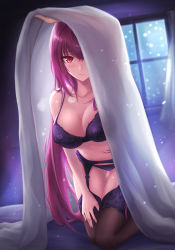Rule 34 | 1girl, black thighhighs, blanket, blush, bra, breasts, brown thighhighs, cleavage, covering with blanket, fate/grand order, fate (series), garter belt, garter straps, hair between eyes, highres, holding, holding blanket, indoors, large breasts, lingerie, long hair, looking at viewer, navel, night, on bed, panties, purple bra, purple hair, purple panties, red eyes, scathach (fate), see-through silhouette, sitting, skindentation, skyde kei, smile, solo, thighhighs, underwear, very long hair