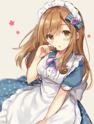 Rule 34 | 1girl, :o, apron, blue bow, blue dress, blush, bow, breasts, brown eyes, brown hair, buttons, candy, chestnut mouth, chocolate, chocolate heart, dress, flower, food, frilled apron, frills, hair bow, hair flower, hair ornament, hand up, head tilt, heart, holding, holding food, kunikida hanamaru, long hair, looking at viewer, love live!, love live! school idol festival, love live! sunshine!!, maid, maid apron, maid headdress, medium breasts, neck ribbon, open mouth, parted lips, polka dot, polka dot dress, puffy short sleeves, puffy sleeves, purple flower, purple ribbon, purple rose, ribbon, rose, shiromikan, short sleeves, sidelocks, simple background, sketch, solo, standing, striped, striped bow, tareme, upper body, white apron