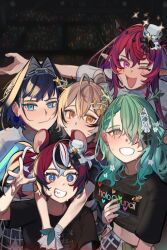 Rule 34 | 5girls, ahoge, animal ears, antlers, black hair, black shirt, black skirt, blue eyes, blue hair, blush, bow, brown eyes, brown hair, ceres fauna, chain, chain headband, eus ing, fang, flower, glowstick, green hair, grin, group picture, hair flower, hair intakes, hair ornament, hakos baelz, halo, holocouncil, hololive, hololive english, hololive idol uniform, hololive idol uniform (bright), horns, hug, irys (hololive), long hair, midriff, mole, mole under eye, mouse ears, mouse girl, multicolored hair, multiple girls, nanashi mumei, one eye closed, open mouth, ouro kronii, penlight (glowstick), pink eyes, plaid, plaid skirt, pointy ears, ponytail, purple hair, red hair, sharp teeth, shirt, short hair, skin fang, skirt, smile, smirk, streaked hair, sweat, t-shirt, teeth, tied shirt, twintails, very long hair, virtual youtuber, waving, white hair, white shirt, yellow eyes