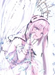 Rule 34 | 1girl, commentary request, dress, fate/apocrypha, fate/grand order, fate (series), hairband, halo, hand to own mouth, jewelry, lolita hairband, long hair, looking at viewer, open mouth, purple eyes, purple hair, ring, see-through, sodamachi, solo, stheno (fate), stheno (third ascension) (fate), strapless, strapless dress, twintails, veil