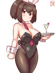 Rule 34 | 1girl, alcohol, alternate costume, animal ears, artist logo, between breasts, black leotard, black pantyhose, blush, bow, bowtie, breasts, brown eyes, brown hair, covered navel, cup, dated, detached collar, drink, drinking glass, embarrassed, fake animal ears, fake tail, hair ribbon, ise (kancolle), kanon (kurogane knights), kantai collection, large breasts, leotard, necktie, one-hour drawing challenge, pantyhose, playboy bunny, ponytail, rabbit ears, rabbit tail, red necktie, ribbon, short hair, simple background, solo, strapless, strapless leotard, sweatdrop, tail, traditional bowtie, tray, white background, wrist cuffs