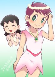 Rule 34 | 2girls, androgynous, bead necklace, beads, black hair, breasts, commentary request, dated, doraemon, dress, gradient background, green eyes, jewelry, low twintails, mangetsu miyoko, minamoto shizuka, mochi-iri kinchaku, multiple girls, necklace, own hands together, red hair, short dress, short hair, small breasts, twintails, twitter username