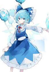 Rule 34 | 1girl, balloon, blue bow, blue eyes, blue hair, blue skirt, blue vest, blush, bow, cirno, collared shirt, detached wings, fairy, feet out of frame, frilled shirt collar, frills, hair bow, highres, ice, ice wings, kureha ki908, long sleeves, pointy ears, shirt, short hair, skirt, solo, touhou, vest, white shirt, wings