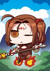 Rule 34 | 1girl, :&lt;, ahoge, april fools, blue sky, bracelet, brown eyes, brown hair, chibi, china dress, chinese clothes, cloud, day, dress, facial mark, fate/grand order, fate (series), fire, flying, forehead mark, highres, holding, holding spear, holding weapon, jewelry, medium hair, mountain, nezha (fate), official art, one eye closed, polearm, riyo (lyomsnpmp), sky, solo, spear, tree, twintails, weapon