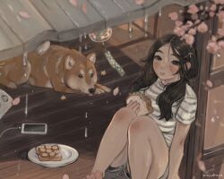 Rule 34 | 1girl, anajudraws, artist name, barefoot, black eyes, black hair, blush, breasts, charger, cherry blossoms, dog, dripping, eating, food, food-themed hair ornament, hair ornament, indoors, knees up, mushroom hair ornament, original, petals, phone, plate, rain, sandwich, shiba inu, shirt, sitting, small breasts, striped clothes, striped shirt, t-shirt, twintails, wind chime