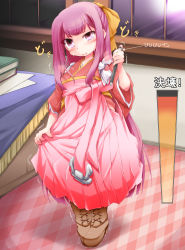 Rule 34 | 1girl, anbee (arary), arrow (symbol), blush, book, boots, bow, brown footwear, cross-laced footwear, embarrassed, female focus, full body, hair bow, hakama, hakama short skirt, hakama skirt, hand up, have to pee, head tilt, high heels, highres, holding, indoors, japanese clothes, japanese text, kamikaze (kancolle), kantai collection, kimono, long hair, looking up, open mouth, peeing, peeing self, pigeon-toed, purple eyes, purple hair, red kimono, skirt, smile, solo, standing, stylus, sweat, tears, translation request, trembling, uneven eyes, urine meter, very long hair, window, yellow bow