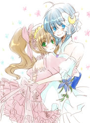 Rule 34 | 2girls, :3, ahoge, back, back bow, backless dress, backless outfit, bare shoulders, blue eyes, blue hair, blush, bow, brown hair, closed mouth, commentary request, crescent, crescent hair ornament, cross-laced clothes, curly hair, dot nose, dress, dress bow, eyes visible through hair, frilled dress, frilled sleeves, frills, green eyes, hair between eyes, hair bow, hair ornament, heads together, high ponytail, highres, hug, layered dress, lips, long hair, looking at viewer, medium hair, multiple girls, pale color, pink bow, pink dress, pointy ears, ponyo soa, precis neumann, puffy short sleeves, puffy sleeves, rena lanford, short sleeves, sketch, smile, star ocean, star ocean the second story, white background