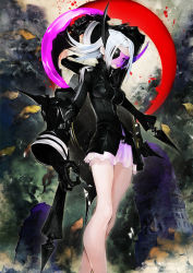 Rule 34 | 10s, 1girl, arm up, bare legs, black gloves, black jacket, black rock shooter, black rock shooter arcana, breasts, building, character sheet, closed mouth, crescent moon, eyepatch, farside bunny, from below, gloves, holding, holding weapon, jacket, kunai, legs, long hair, long sleeves, looking at viewer, medium breasts, moon, one eye covered, pink skirt, purple eyes, red moon, silver hair, skirt, smile, solo, standing, taiki (luster), unsheathed, weapon, zipper