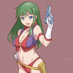 Rule 34 | 1girl, arm up, bikini, blue eyes, breasts, cleavage, copyright name, energy gun, gloves, green hair, hand on own hip, holster, long hair, maruto!, navel, open mouth, red bikini, reika (time gal), simple background, smile, solo, swimsuit, taito, time gal, upper body, weapon, white gloves