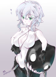Rule 34 | 10s, 1girl, abyssal ship, artist name, bare shoulders, black gloves, blush, bodysuit, breasts, cleavage, colored skin, covered navel, female focus, front zipper swimsuit, full-length zipper, gloves, glowing, glowing eyes, gradient background, green eyes, hat, unworn hat, headgear, unworn headgear, unworn headwear, highres, imu sanjo, kantai collection, large breasts, long hair, meme attire, no headwear, one-piece swimsuit, open mouth, pale skin, sidelocks, sleeveless, solo, swimsuit, unzipping, white hair, white one-piece swimsuit, white skin, wo-class aircraft carrier, zipper