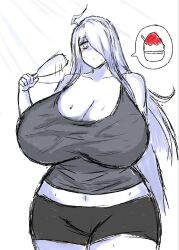 Rule 34 | 1girl, :&lt;, ahoge, borrowed character, breasts, cleavage, curvy, female focus, half-closed eyes, hand fan, highres, holding, holding fan, huge breasts, long hair, mei (2b-ge), midriff, momijizx, monochrome, original, sketch, solo, standing, sweat, thick thighs, thighs, very long hair, wide hips
