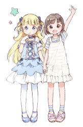 2girls barasui blonde_hair blue_dress blue_footwear brown_hair child commentary_request dress full_body gloves highres holding_hands long_hair maou_(maou_chan) maou_chan_(manga) medium_hair multiple_girls open_clothes overalls pantyhose pink_footwear shirt shoes short_sleeves smile standing striped_clothes striped_shirt usagi_(maou_chan) white_background white_gloves white_overalls white_pantyhose