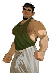Rule 34 | 1boy, absurdres, ahoi ag, alternate body hair, alternate facial hair, avatar legends, bara, black hair, blush, bolin, clenched hands, covered penis, facial hair, green eyes, hairy, head tilt, highres, huge eyebrows, large pectorals, looking to the side, male focus, muscular, muscular male, mustache stubble, nipples, pants, pectorals, shirt, short hair, sidepec, sleeveless, sleeveless shirt, smile, solo, standing, stubble, the legend of korra, thick arm hair, thick chest hair, track pants