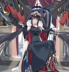 Rule 34 | 1girl, armored shoes, azur lane, black coat, black hair, breasts, buttons, cane, cape, coat, crossed legs, double-breasted, fur-trimmed cape, fur trim, gloves, hat, high heels, indoors, large breasts, long hair, looking at viewer, military, military uniform, non-humanoid robot, peaked cap, peter strasser (azur lane), pink eyes, qwe 24, robot, robot animal, sitting, solo, twintails, two-tone cape, uniform, very long hair, white gloves, white hat, window