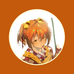 Rule 34 | 1girl, absurdres, apron, bell, character name, closed mouth, clothes writing, hair bell, hair bobbles, hair ornament, highres, looking at viewer, motoori kosuzu, orange background, orange eyes, orange hair, portrait, short hair, solo, touhou, two side up, user srce2338, yellow apron