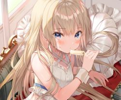 Rule 34 | 1girl, blue eyes, blush, closed mouth, crop top, food, halterneck, holding, holding food, kanda done, long hair, looking at viewer, lying, on side, original, pillow, popsicle, shirt, sleeveless, sleeveless shirt, solo, upper body, very long hair, white shirt, wrist cuffs