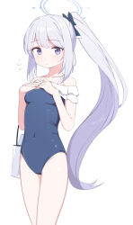 Rule 34 | 1girl, bag, blue archive, blue halo, blue one-piece swimsuit, blush, breasts, covered navel, halo, hands on own chest, highres, long hair, looking at viewer, medium breasts, miyako (blue archive), miyako (swimsuit) (blue archive), official alternate costume, one-piece swimsuit, ponytail, purple eyes, saiste, simple background, solo, standing, swimsuit, thighs, white background, white hair