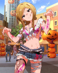 Rule 34 | 10s, 1girl, 4boys, :d, :p, belt, brown hair, cutoffs, fishnet thighhighs, fishnets, glint, halloween, heart, heart-shaped eyes, idolmaster, idolmaster million live!, jack-o&#039;-lantern, licking lips, looking at viewer, momose rio, multiple boys, navel, official art, open mouth, outstretched arms, paint, single thighhigh, smile, thighhighs, tongue, tongue out, torn clothes, torn legwear, zombie, zombie pose