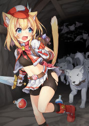 Rule 34 | 1girl, 3.14, animal ears, bat (animal), bell, belt, bike shorts, blonde hair, blue eyes, blush, boots, breasts, cat ears, cat girl, cat tail, commentary request, crop top, cropped jacket, crystal, dog, fang, fleeing, gloves, hat, highres, holding, holding sword, holding weapon, kneehighs, looking back, miniskirt, navel, open mouth, original, running, scared, short sleeves, skirt, small breasts, socks, solo, sword, tail, tail raised, tears, torn bike shorts, torn clothes, torn skirt, weapon
