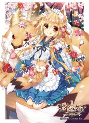 Rule 34 | 1girl, :q, age of ishtaria, ahoge, animal, animal ear fluff, animal ears, apron, black ribbon, blonde hair, blue kimono, cat ears, cat girl, cat tail, character request, closed mouth, copyright name, copyright notice, fang, fingernails, flower, frilled apron, frills, full body, hair between eyes, hands up, highres, holding, horns, japanese clothes, kimono, long hair, long sleeves, looking at viewer, maid apron, petals, pink flower, red eyes, red flower, ribbon, saeki touma, sitting, smile, solo, tail, tongue, tongue out, tree, v-shaped eyebrows, very long hair, watermark, white apron, wide sleeves