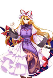Rule 34 | 1girl, antinomy of common flowers, armband, blonde hair, boots, breasts, cowboy shot, cross-laced footwear, dress, feet out of frame, folded fan, folding fan, gap (touhou), hair between eyes, hair ribbon, hand fan, hand up, hat, hat ribbon, high collar, highres, large breasts, layered skirt, long hair, long sleeves, looking at viewer, mob cap, purple eyes, ribbon, simple background, skirt, smile, solo, standing, tabard, tk31, touhou, tress ribbon, trigram, very long hair, white background, white dress, yakumo yukari, yin yang
