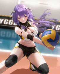 Rule 34 | 1girl, absurdres, ball, bare shoulders, black shorts, black thighhighs, blurry, blurry background, breasts, bump (volleyball), cleavage, cleavage cutout, closed mouth, clothing cutout, cropped shirt, elbow pads, enya murphy, facing viewer, floating hair, foot out of frame, gym, headgear, highres, indoors, knee pads, large breasts, long hair, looking to the side, navel, official art, pink eyes, purple hair, shirt, shorts, single knee pad, single thighhigh, sleeveless, sleeveless shirt, smile, snowbreak: containment zone, solo, sportswear, stomach, thighhighs, volleyball, volleyball (object), volleyball uniform, white shirt