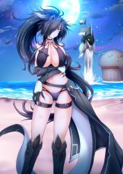 Rule 34 | 1boy, 1girl, absurdres, anger vein, arms under breasts, artist name, bare shoulders, beach, beluga whale, bikini, black bikini, black cape, black choker, black hair, breasts, cape, choker, claws, cleavage, closed mouth, cloud, collarbone, commentary request, cowboy shot, crossed arms, dolphin, dragon boy, dragon girl, dragon horns, dragon tail, full moon, g (genesis1556), gluteal fold, groin, hair between eyes, hair over one eye, high ponytail, highres, horns, large breasts, long hair, looking at viewer, mia (g (genesis1556)), monster girl, moon, multicolored hair, multiple horns, navel, night, ocean, orca, original, outdoors, red eyes, rio (g (genesis1556)), scales, shadow, shark, sidelocks, skindentation, sky, solo focus, standing, star (sky), starry sky, stomach, swimsuit, tail, thigh strap, two-tone hair, very long hair, waist cape, whale, white hair